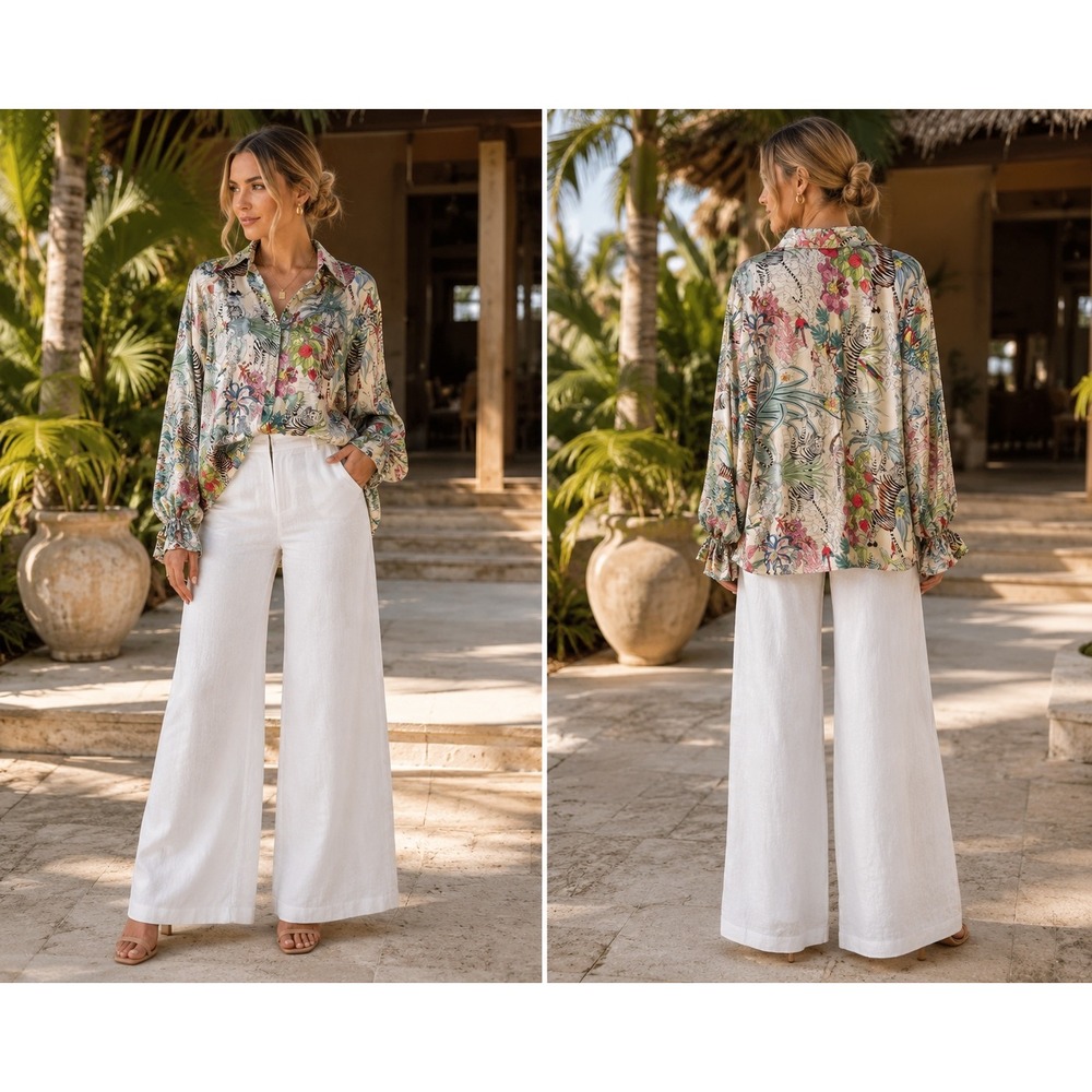 Beulah Chic Tropical Tiger Jungle Print Satin Button Balloon Sleeve Top One Size